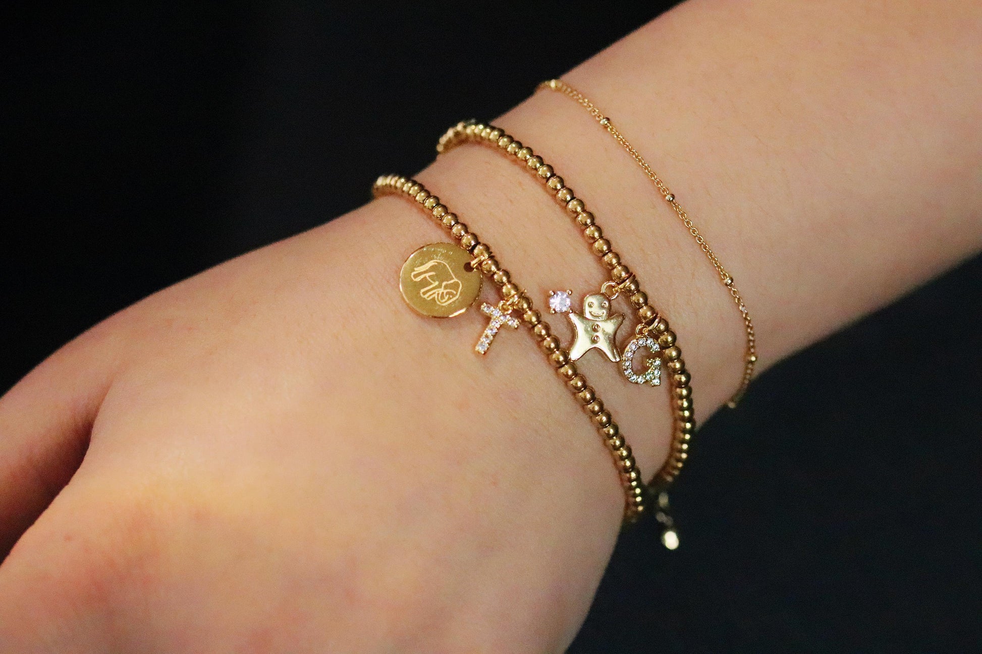 Elastic Gold Filled Beaded Bracelet, Dainty Ginger Bread Man Charm Bangle, Personalised Initial Name Card Jewellery