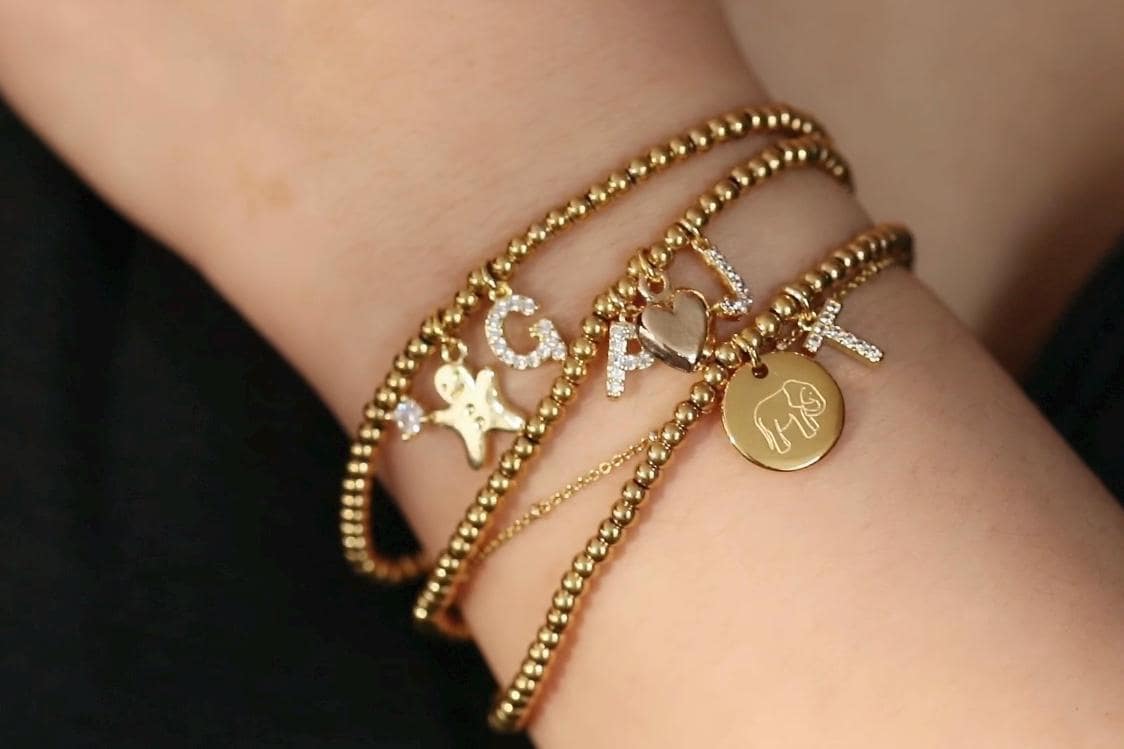Elastic Gold Filled Beaded Bracelet, Dainty Love Heart Charm Bangle, Personalised Initial Name Card Jewellery