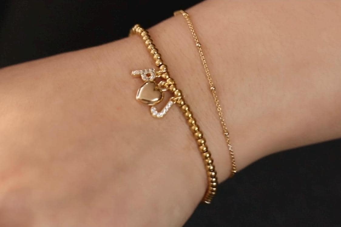 Elastic Gold Filled Beaded Bracelet, Dainty Love Heart Charm Bangle, Personalised Initial Name Card Jewellery