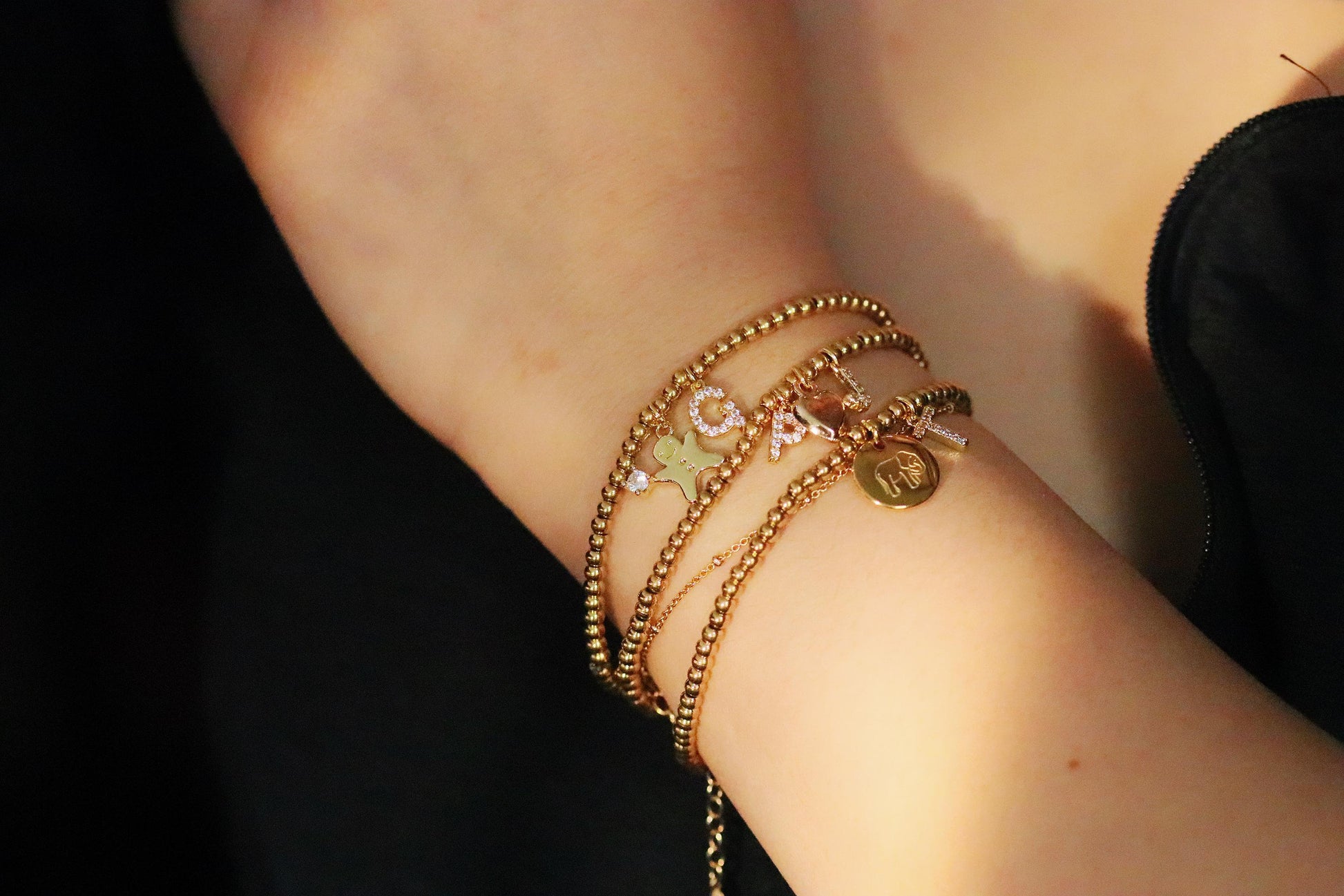 Elastic Gold Filled Beaded Bracelet, Dainty Love Heart Charm Bangle, Personalised Initial Name Card Jewellery