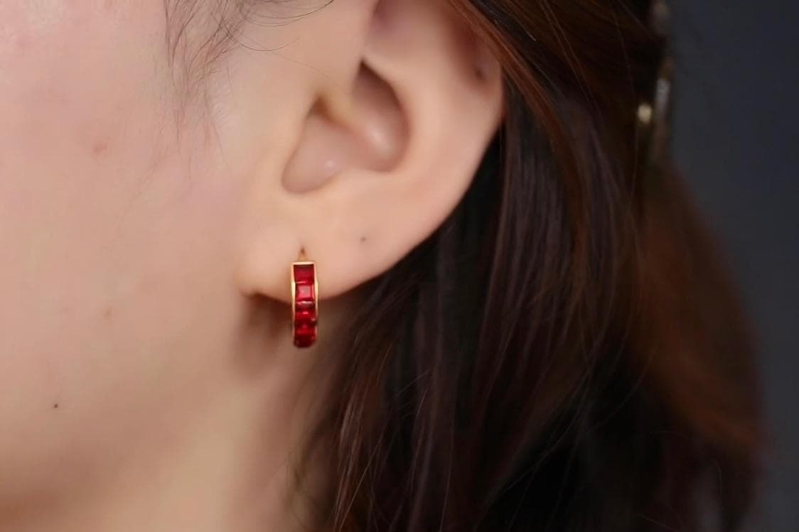 January Birthstone Huggies: Garnet Swarovski Crystal Gold Hoop Earrings, Burgundy CZ Hoops