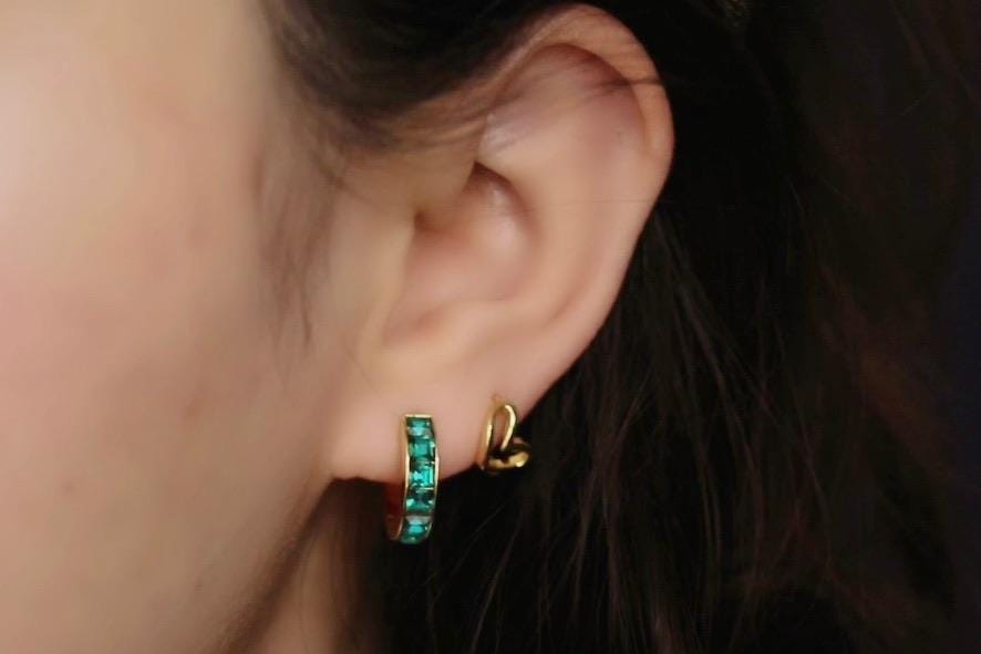 Gold May Birthstone Earrings: Swarovski Emerald Crystal Hoops, Minimalist Huggies for Everyday Wear