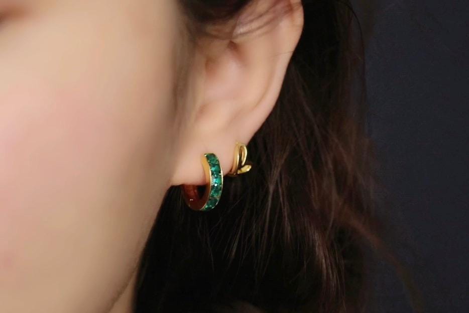 Gold May Birthstone Earrings: Swarovski Emerald Crystal Hoops, Minimalist Huggies for Everyday Wear