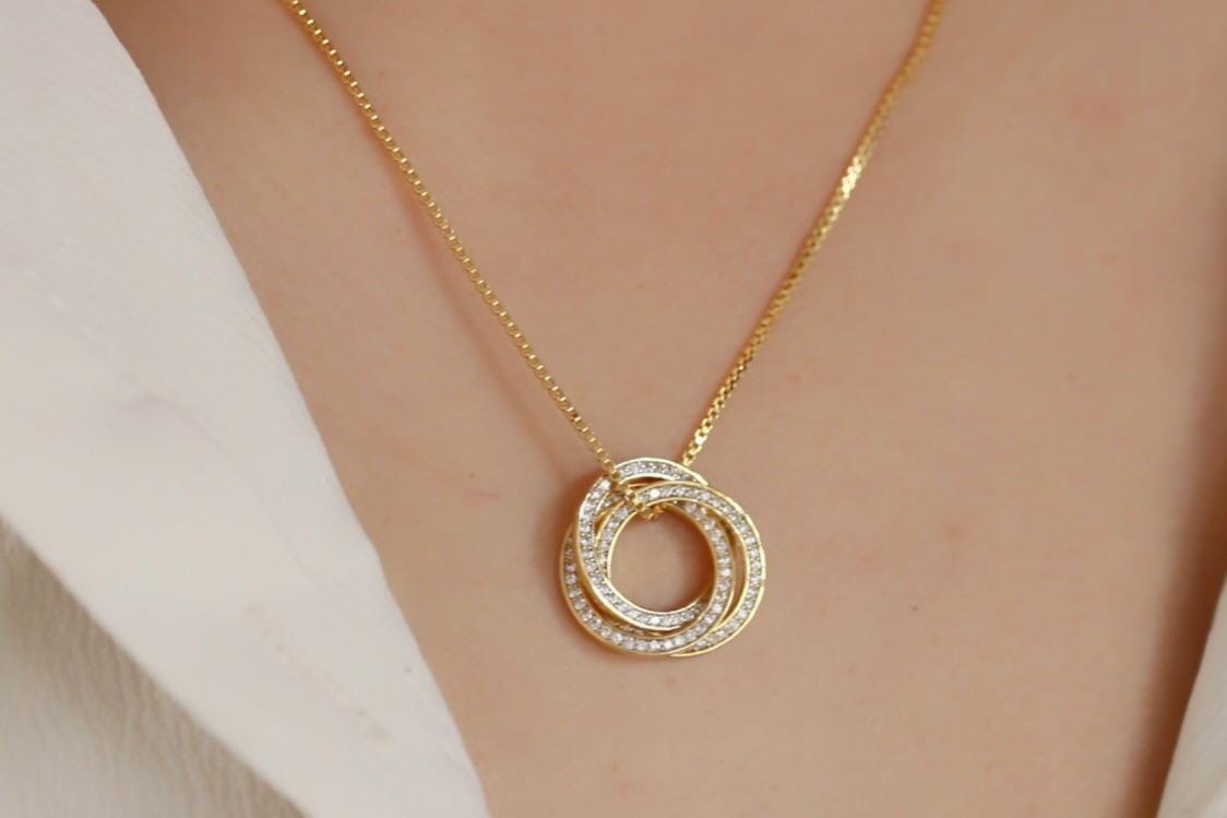 30th Birthday Necklace, Gold Triple Circle Pendant, CZ Three Rings Symbolic Dainty Jewellery for Thirty Birthday Gift, Minimalist