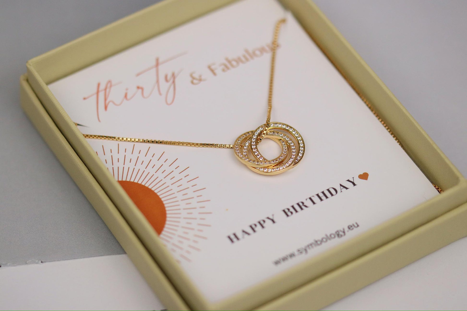 30th Birthday Necklace, Gold Triple Circle Pendant, CZ Three Rings Symbolic Dainty Jewellery for Thirty Birthday Gift, Minimalist