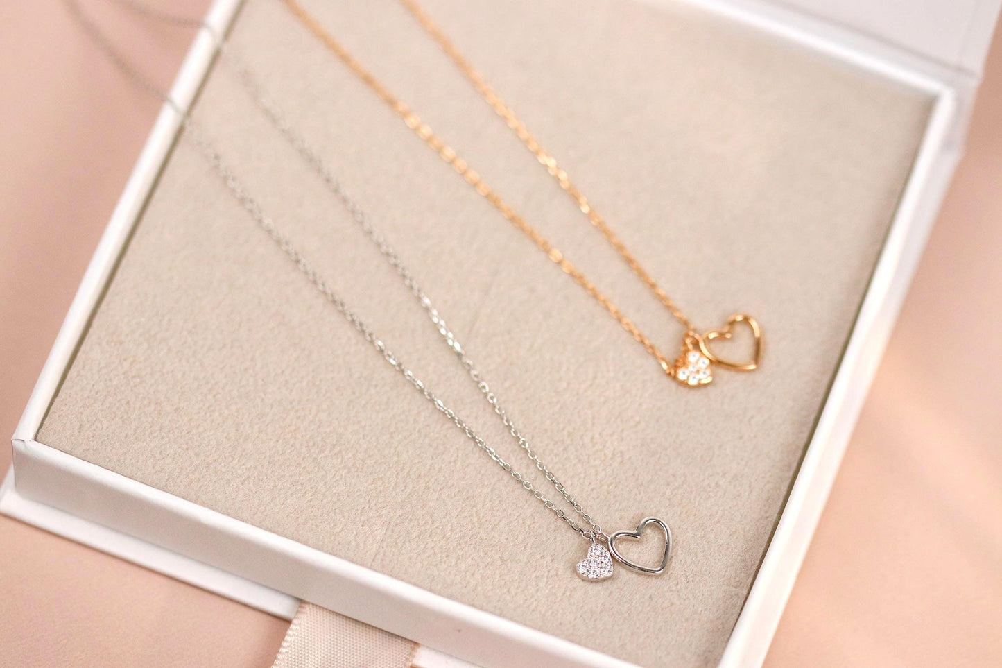 925 Silver Double Heart Necklace – Elegant Rose Gold Pendant with Crystal Heart | Minimalist Jewellery