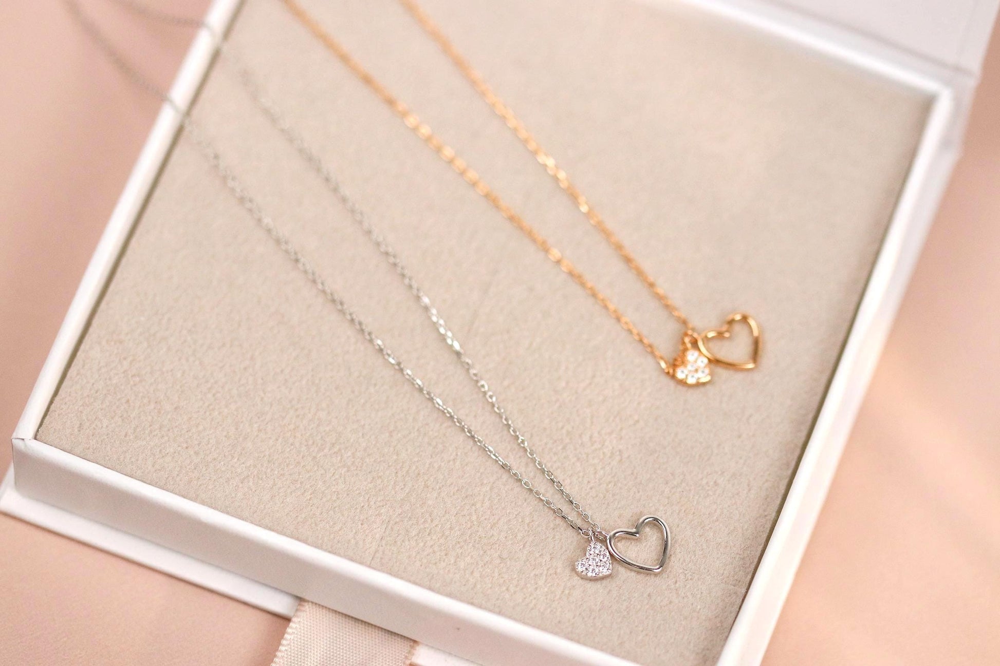 925 Silver Double Heart Necklace – Elegant Rose Gold Pendant with Crystal Heart | Minimalist Jewellery