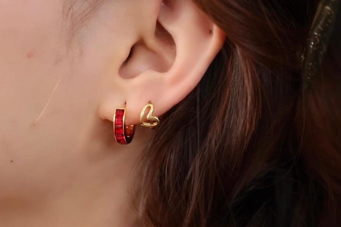 July Birthstone Earrings: Ruby Swarovski Crystal Hoops, 18ct Gold Plated Minimalist Earrings, Birthday Gift Ideas