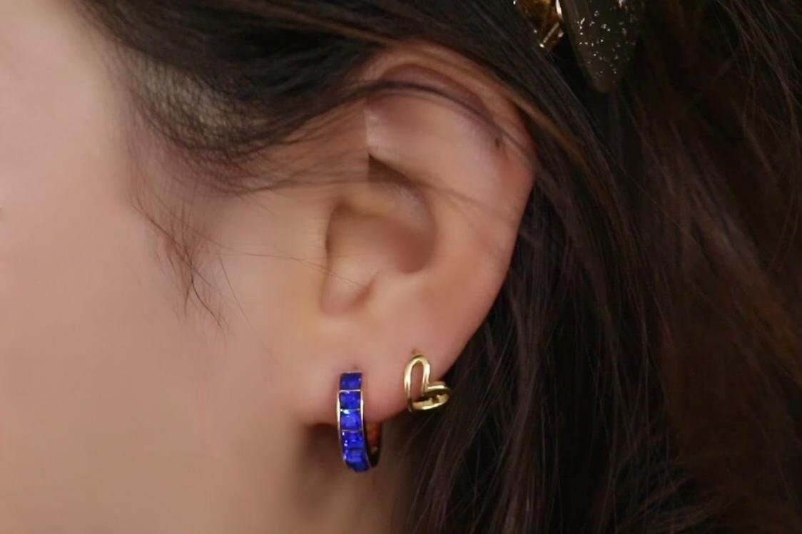 September Birthstone Hoops Earrings: CZ Crystal Gold Sapphire Huggies, Minimalist Jewellery for Woman