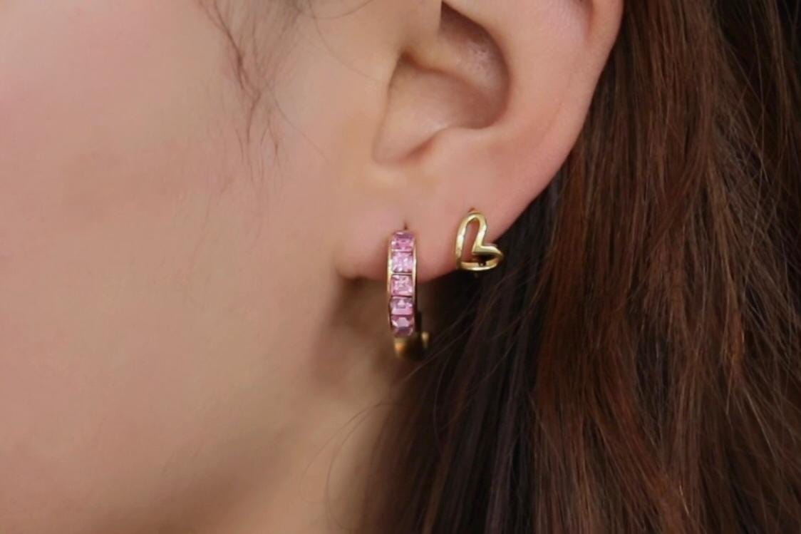 Gold October Birthstone Earrings: Rose Quartz Swarovski Crystal Huggies, Minimalist Jewellery for Woman