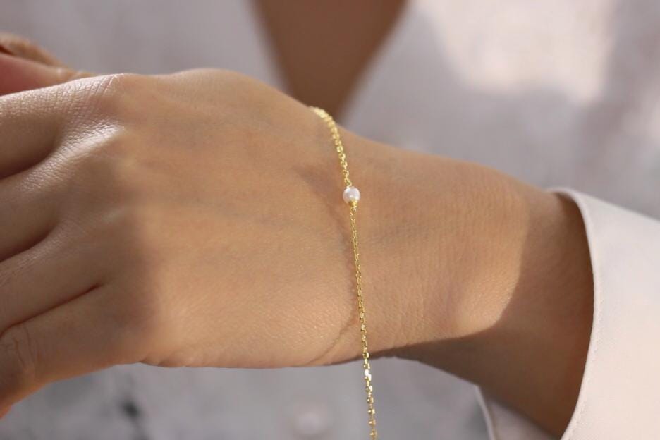 Sterling Silver Tiny Pearl Bracelet: Gold Vermeil Stacking Bracelet, Christmas Gift for Besties