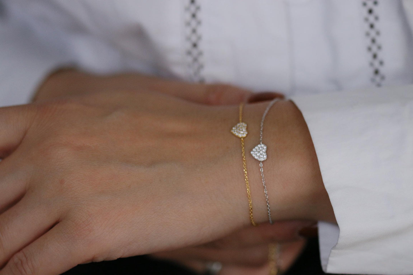 925 Sterling Silver or Gold Heart Bracelet – Dainty CZ Crystal Heart Chain, Minimalist Jewellery, Christmas Gift for Her