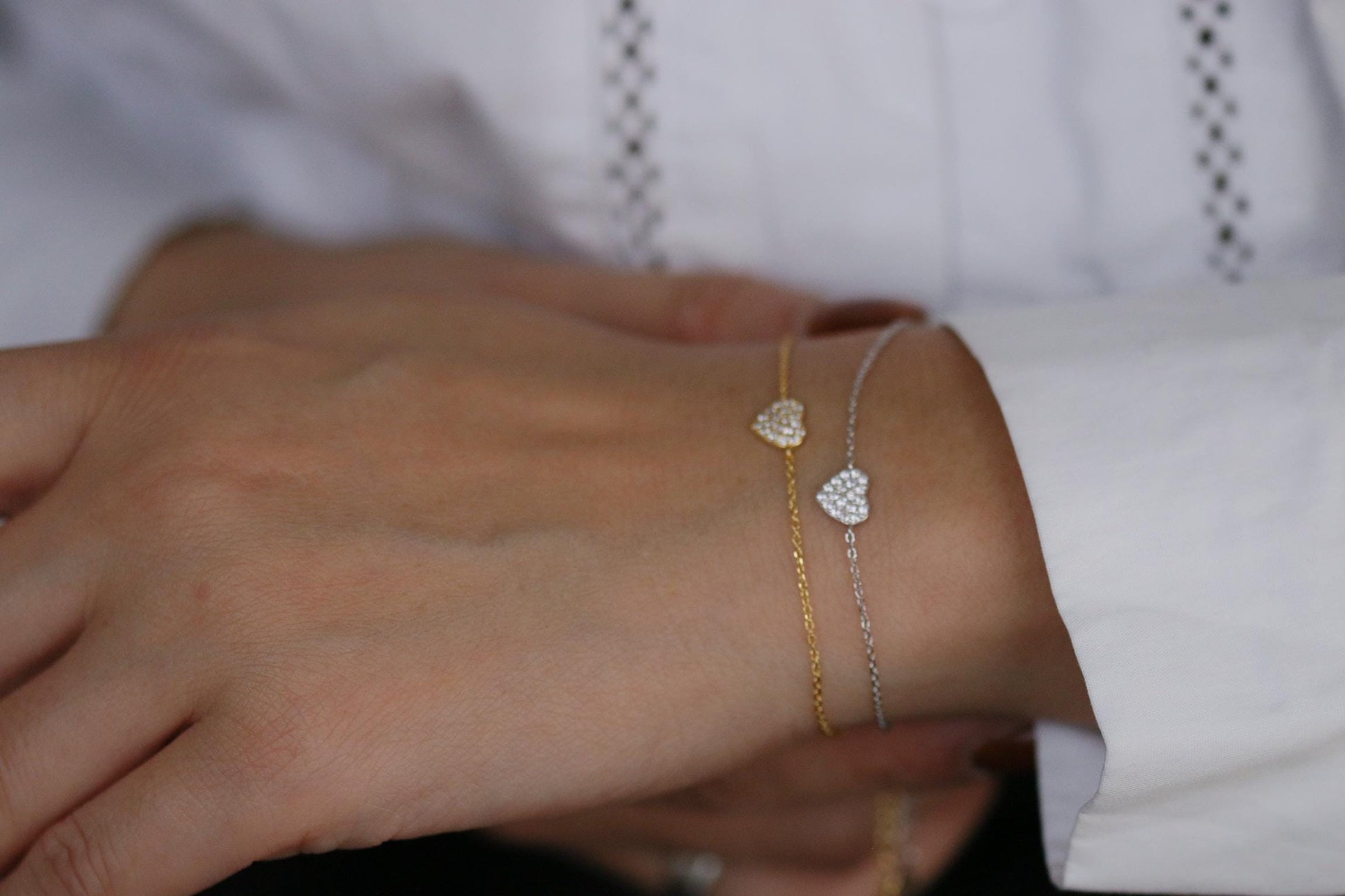 925 Sterling Silver or Gold Heart Bracelet – Dainty CZ Crystal Heart Chain, Minimalist Jewellery, Christmas Gift for Her