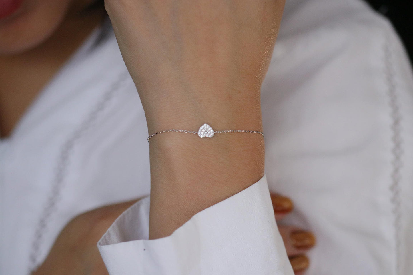 925 Sterling Silver or Gold Heart Bracelet – Dainty CZ Crystal Heart Chain, Minimalist Jewellery, Christmas Gift for Her