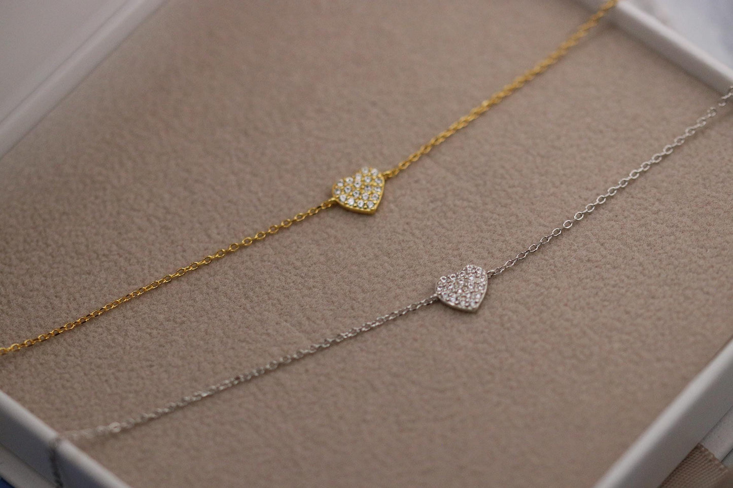 925 Sterling Silver or Gold Heart Bracelet – Dainty CZ Crystal Heart Chain, Minimalist Jewellery, Christmas Gift for Her