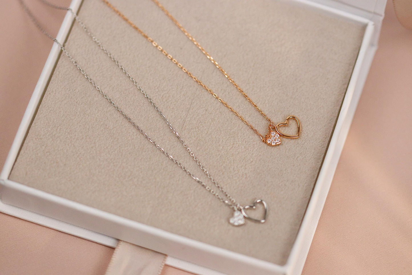 Sterling Silver/Rose Gold Double Heart Necklace, Dainty Heart Pendant Jewellery, Aunt & Niece Gift