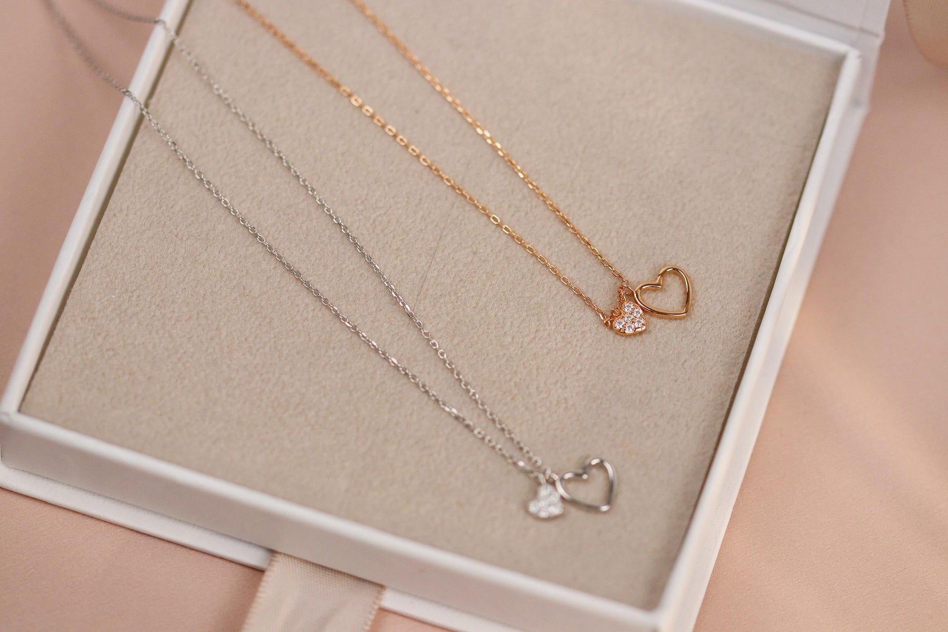 Sterling Silver/Rose Gold Double Heart Necklace, Dainty Heart Pendant Jewellery, 16th Birthday Gift