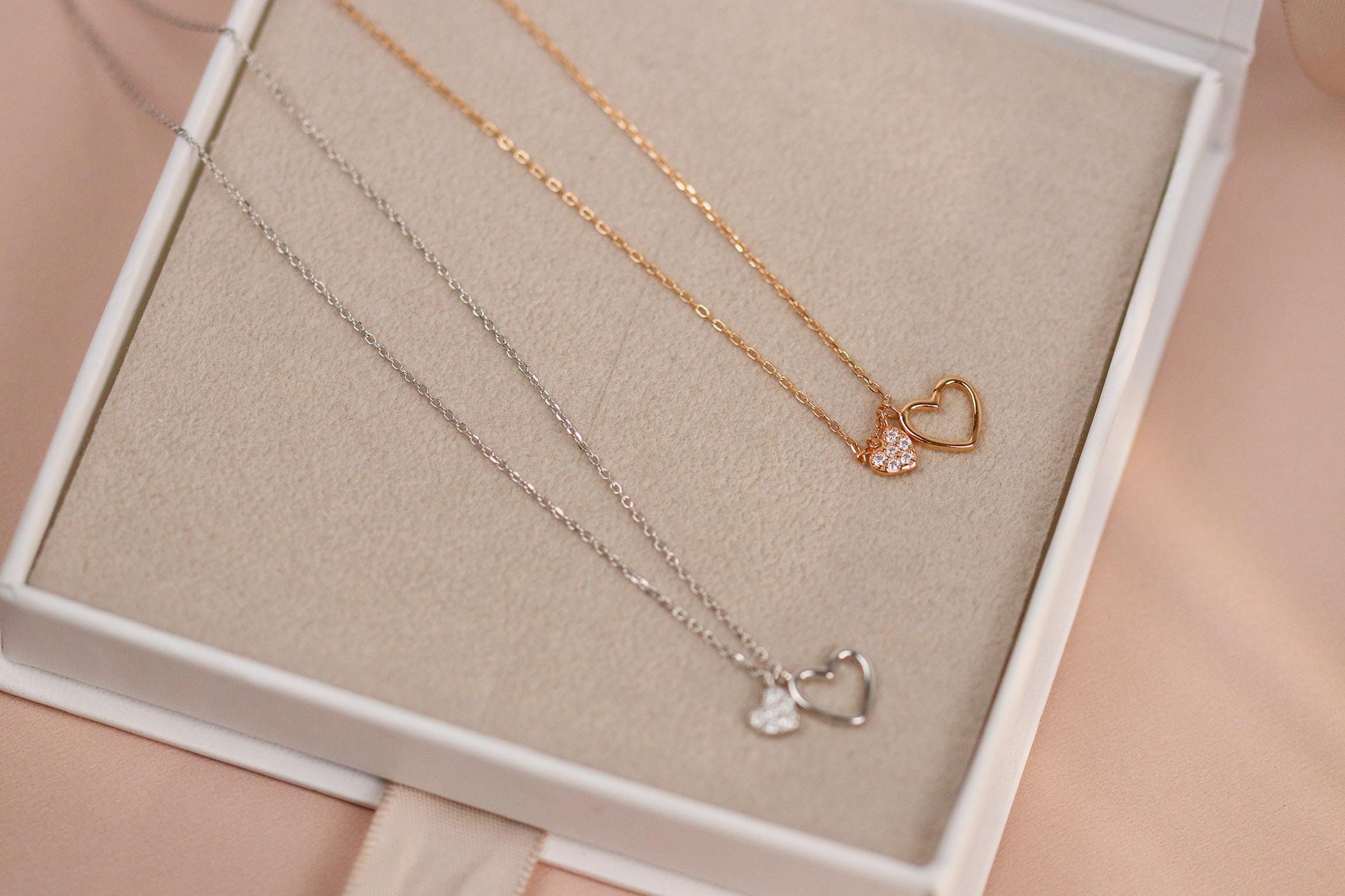 Sterling Silver/Rose Gold Double Heart Necklace, Dainty Heart Pendant Jewellery, Mother & Daughter Gift