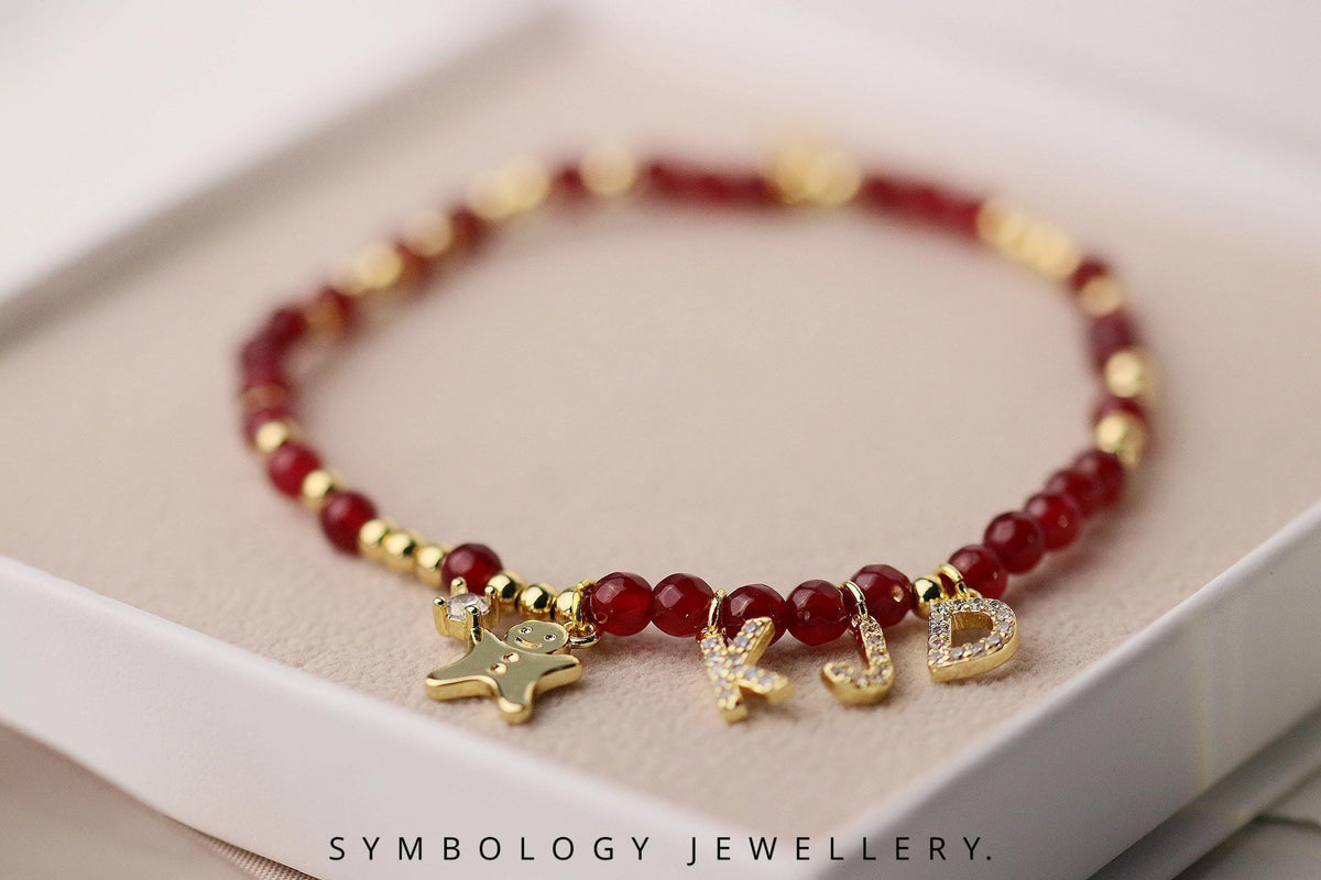 Indian Agate Beaded Initial Bracelet, Personalised Gemstone Name Bracelet, Gold Filled CZ Alphabet Charm Jewellery, Gingerbread Man