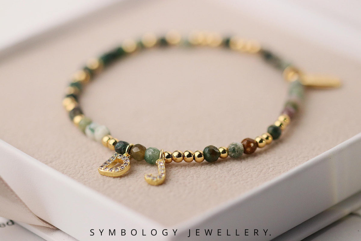 Personalised Gemstone Initial Bracelet – Red Agate & Indian Agate Beaded Bangle with Gold Filled CZ Alphabet Charm, Gingerbread Man