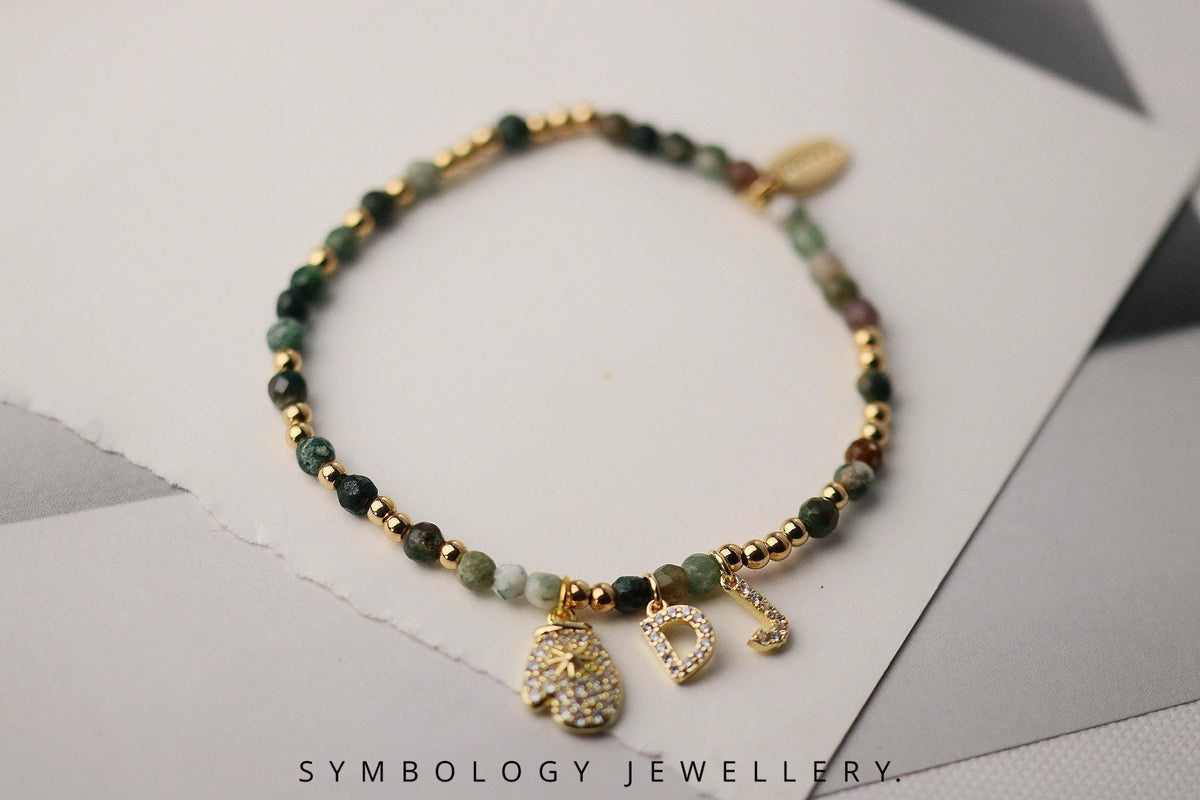 Indian Agate Beaded Initial Bracelet, Personalised Gemstone Name Bracelet, Gold Filled CZ Alphabet Charm Jewellery, Gingerbread Man