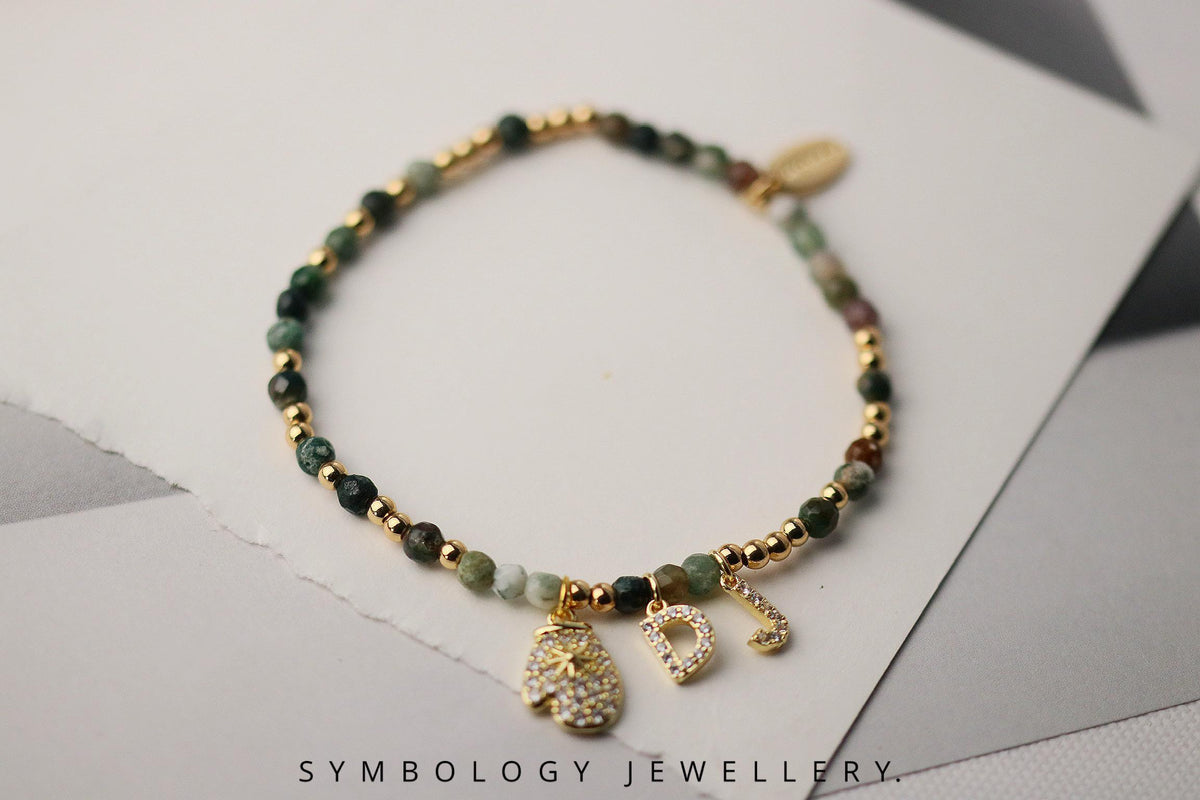 Personalised Gemstone Initial Bracelet – Red Agate & Indian Agate Beaded Bangle with Gold Filled CZ Alphabet Charm, Gingerbread Man