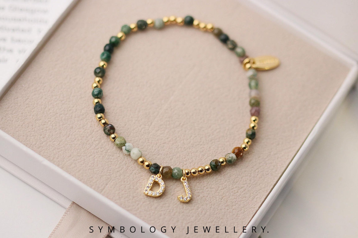 Personalised Gemstone Initial Bracelet – Red Agate & Indian Agate Beaded Bangle with Gold Filled CZ Alphabet Charm, Gingerbread Man