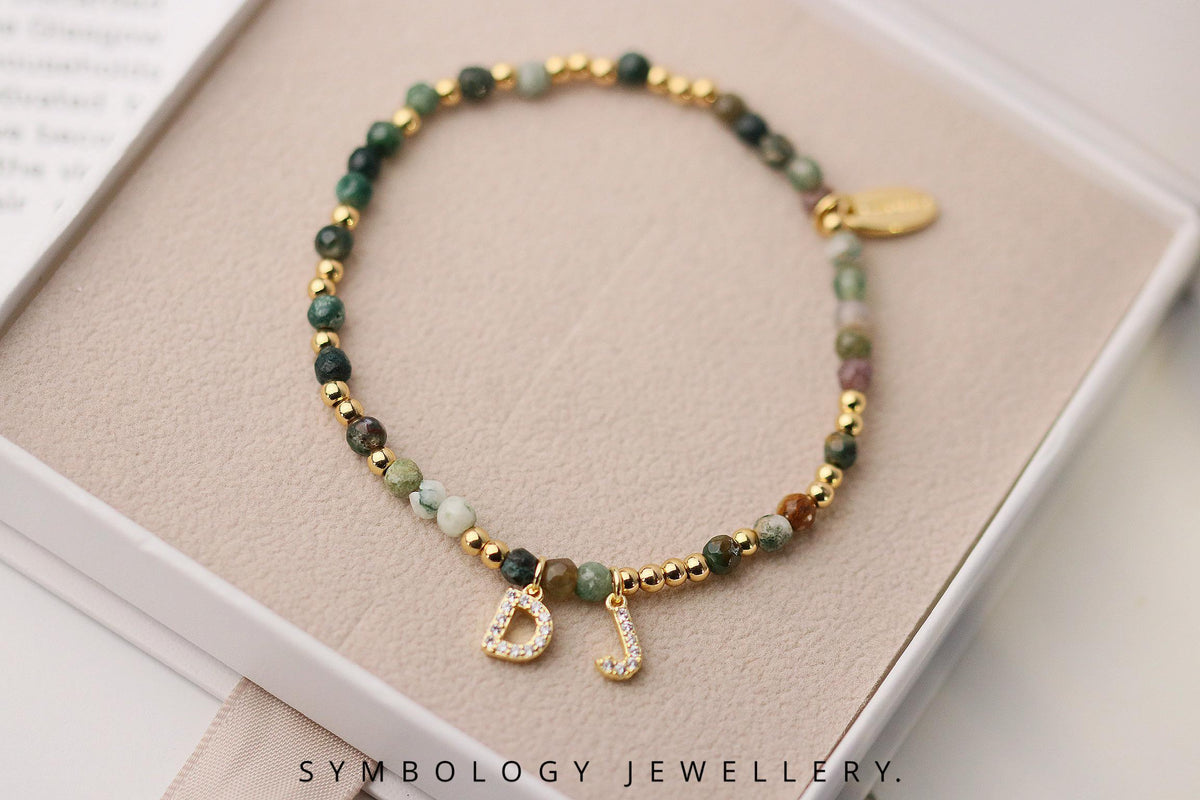 Indian Agate Beaded Initial Bracelet, Personalised Gemstone Name Bracelet, Gold Filled CZ Alphabet Charm Jewellery, Gingerbread Man
