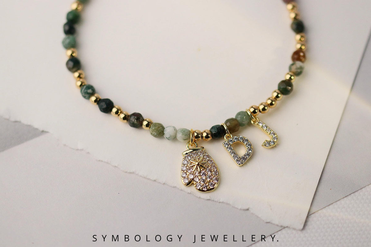 Personalised Gemstone Initial Bracelet – Red Agate & Indian Agate Beaded Bangle with Gold Filled CZ Alphabet Charm, Gingerbread Man