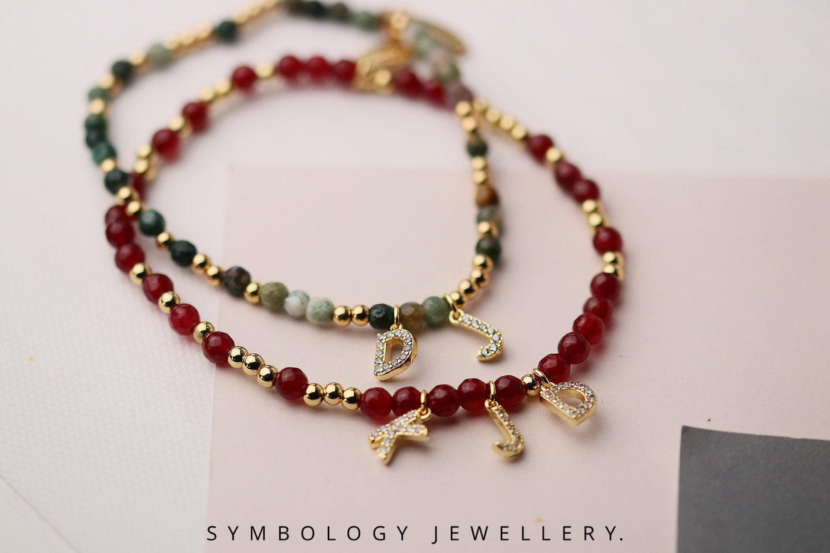 Personalised Gemstone Initial Bracelet – Red Agate & Indian Agate Beaded Bangle with Gold Filled CZ Alphabet Charm, Gingerbread Man