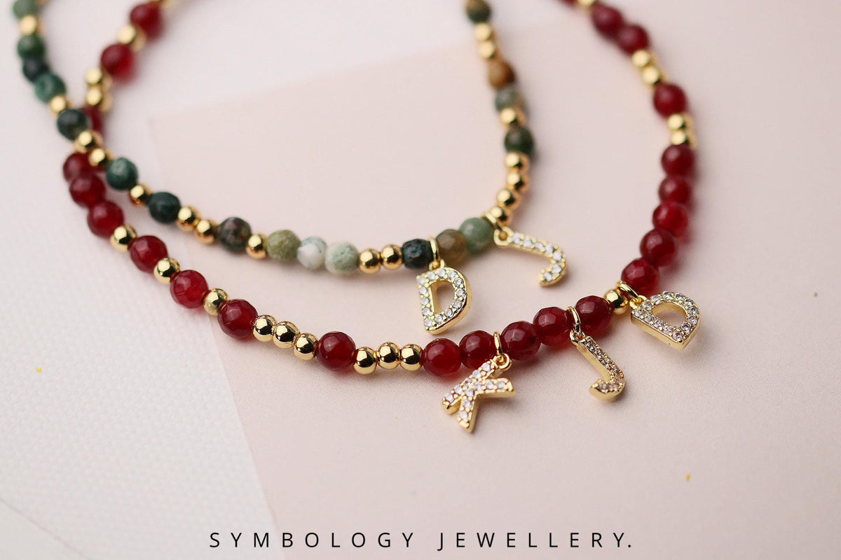 Personalised Gemstone Initial Bracelet – Red Agate & Indian Agate Beaded Bangle with Gold Filled CZ Alphabet Charm, Gingerbread Man
