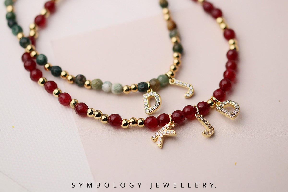 Indian Agate Beaded Initial Bracelet, Personalised Gemstone Name Bracelet, Gold Filled CZ Alphabet Charm Jewellery, Gingerbread Man