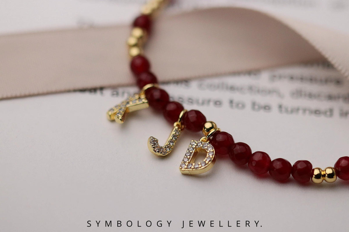 Indian Agate Beaded Initial Bracelet, Personalised Gemstone Name Bracelet, Gold Filled CZ Alphabet Charm Jewellery, Gingerbread Man