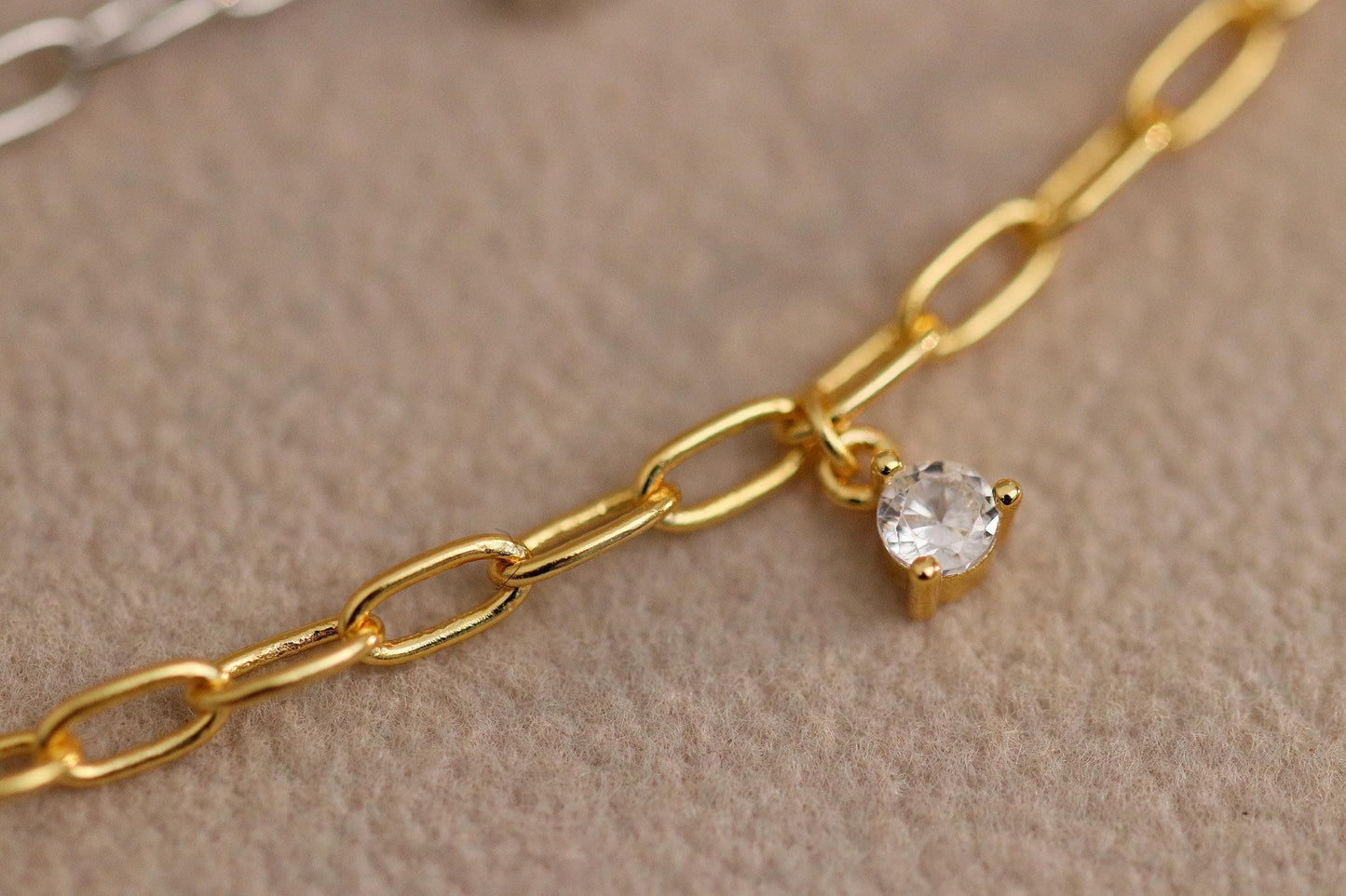 925 Sterling Silver or Gold Dainty Chain Bracelet – CZ Crystal Drop Charm, Minimalist Adjustable Jewellery, Christmas Gift for Her