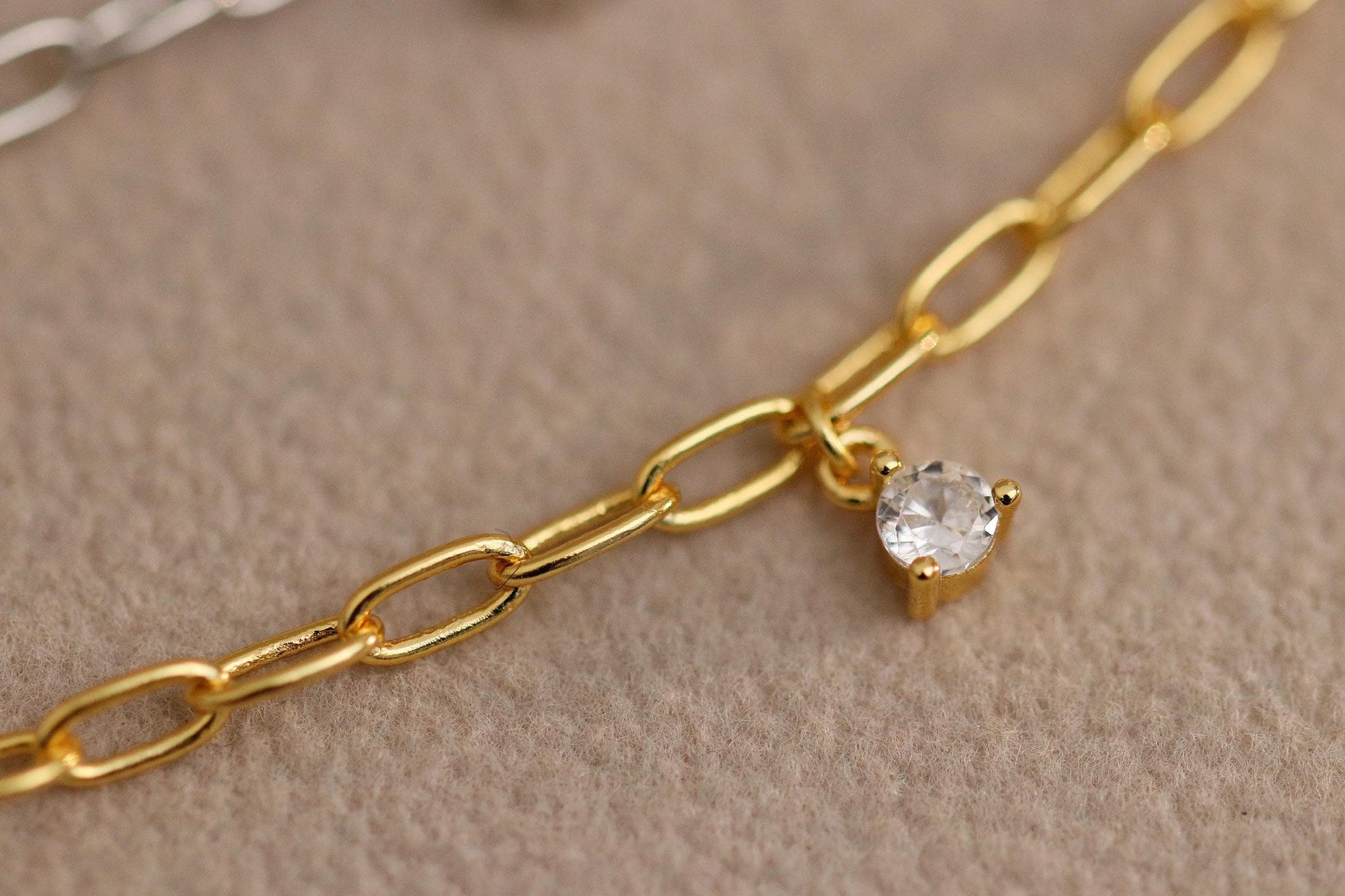 925 Sterling Silver or Gold Dainty Chain Bracelet – CZ Crystal Drop Charm, Minimalist Adjustable Jewellery, Christmas Gift for Her