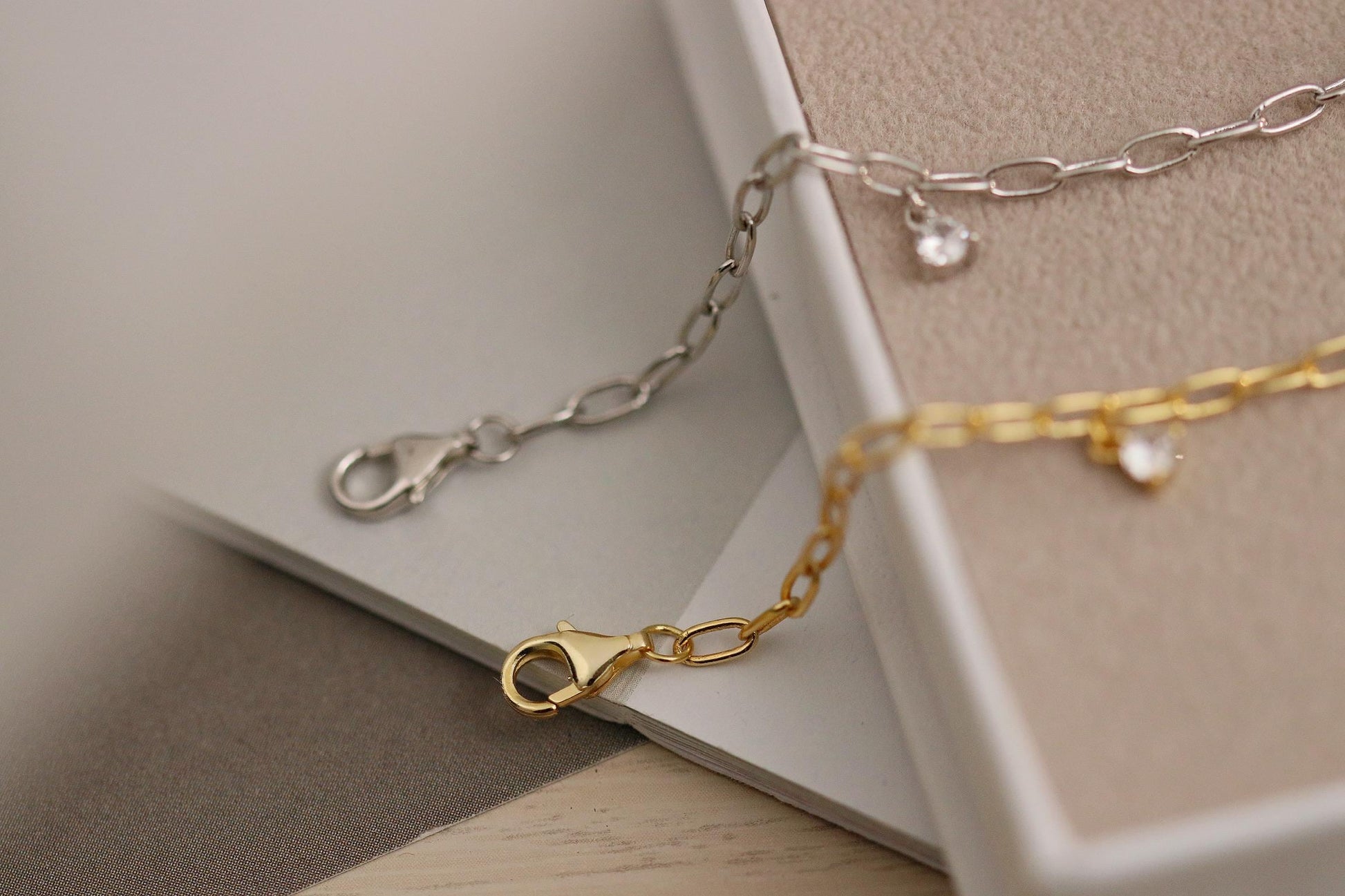 925 Sterling Silver or Gold Dainty Chain Bracelet – CZ Crystal Drop Charm, Minimalist Adjustable Jewellery, Christmas Gift for Her