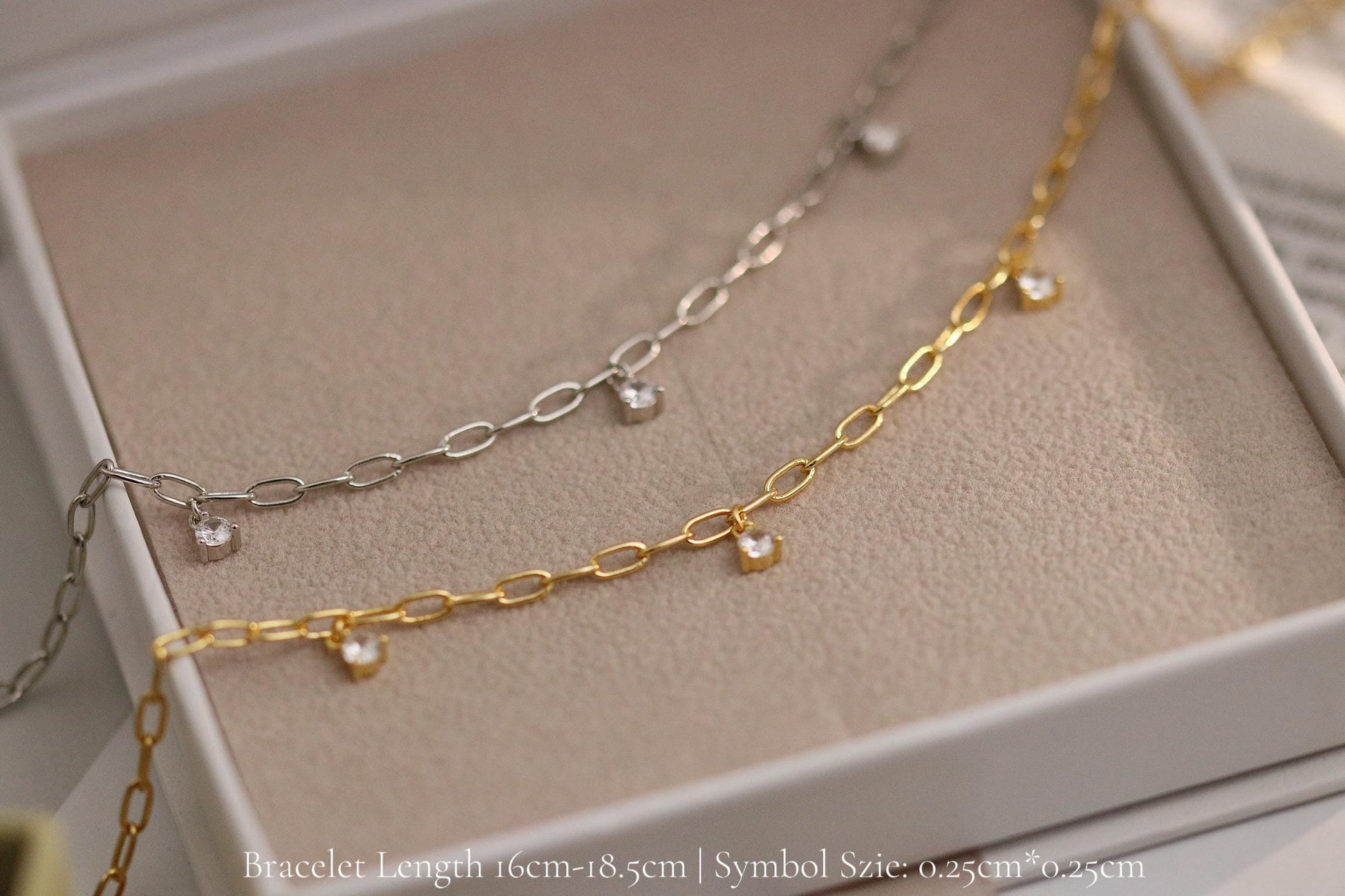 925 Sterling Silver or Gold Dainty Chain Bracelet – CZ Crystal Drop Charm, Minimalist Adjustable Jewellery, Christmas Gift for Her