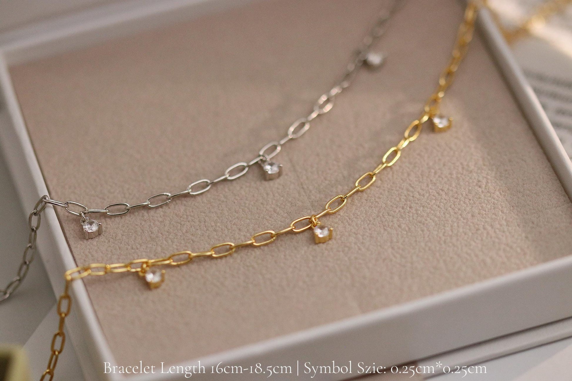 Sterling Silver, Gold Dainty Chain Bracelet – CZ Crystal Drop, Minimalist Adjustable Jewellery, Christmas Gift