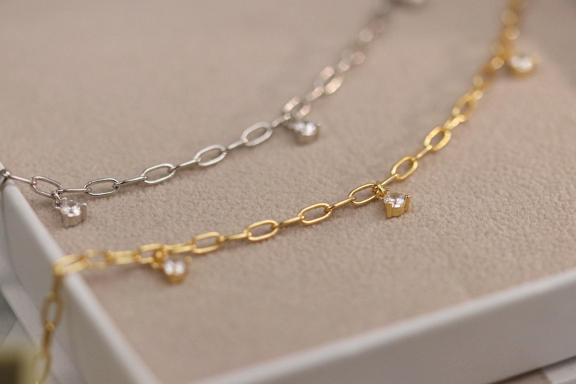 Sterling Silver, Gold Dainty Chain Bracelet – CZ Crystal Drop, Minimalist Adjustable Jewellery, Christmas Gift