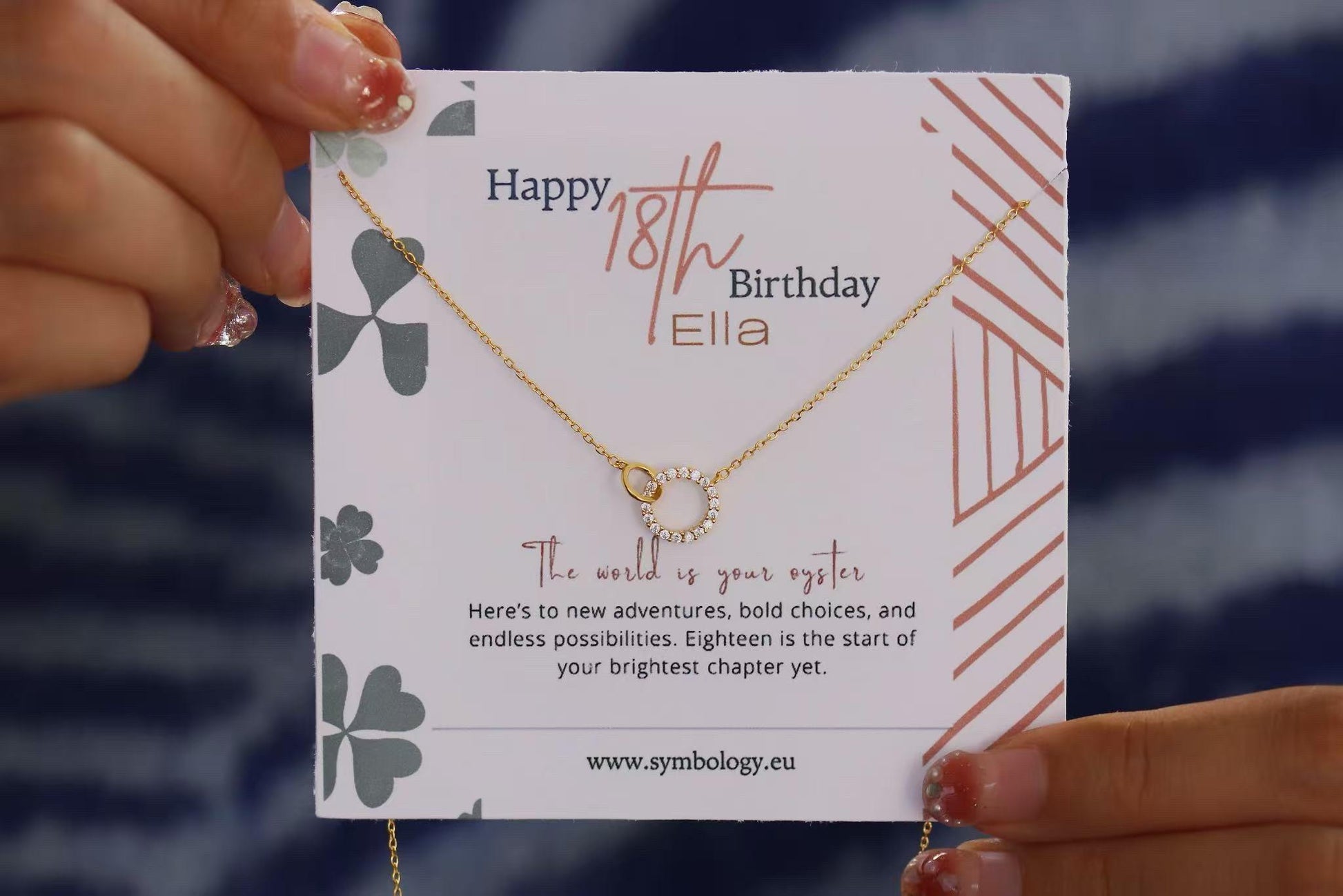 18th Birthday Gift,Elegant Interlocking Circle Necklace, Double Ring Pendant with Personalised Name Card