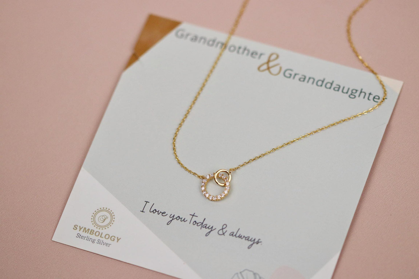 18th Birthday Gift,Elegant Interlocking Circle Necklace, Double Ring Pendant with Personalised Name Card