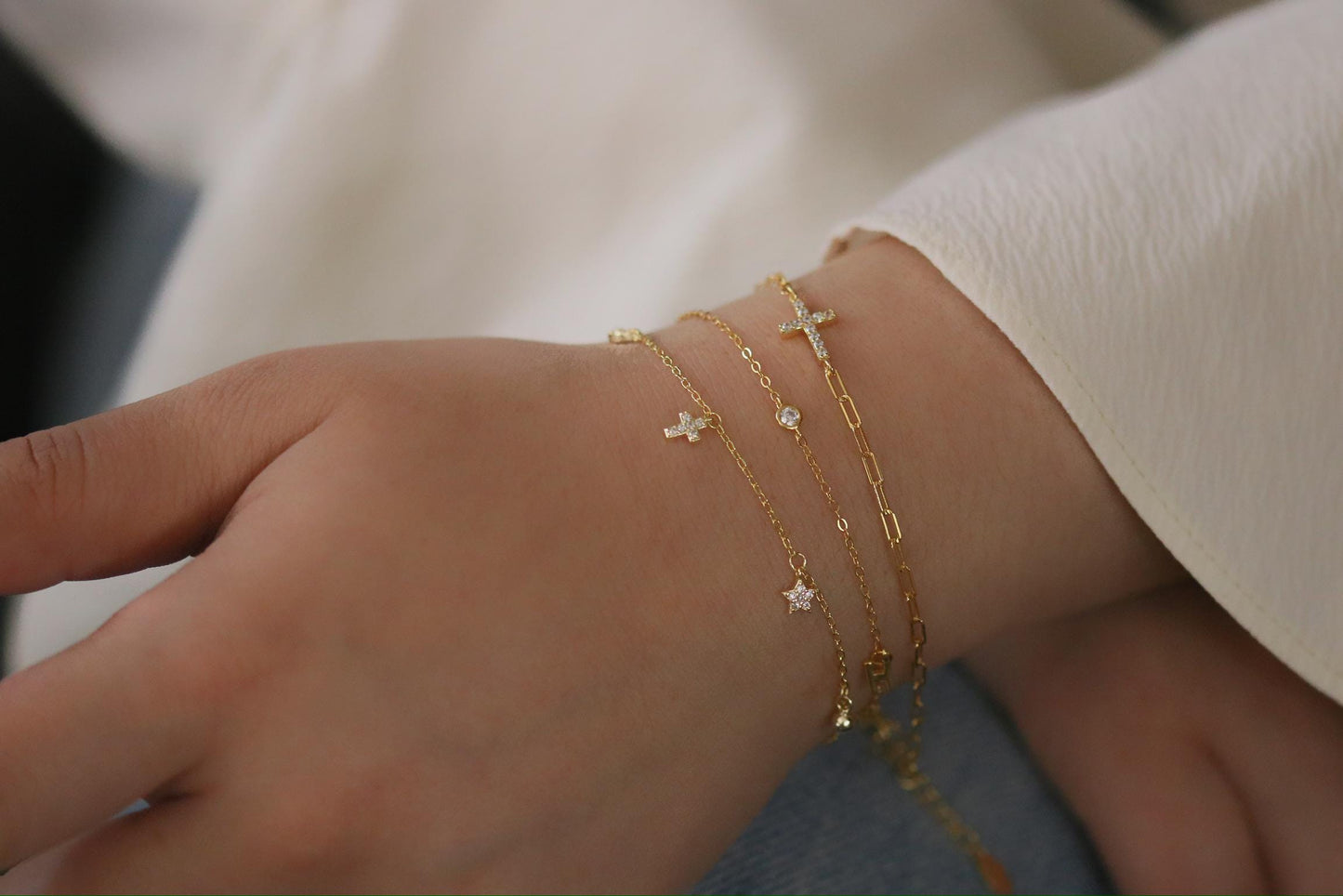 Sterling Silver Moon & Star Charm Bracelet, Gold Dainty Celestial Bracelet, Birthday Gift for Her