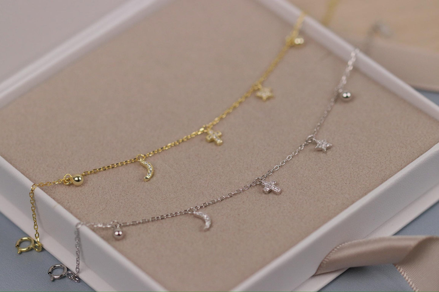Sterling Silver or Gold Moon & Star Charm Bracelet, Dainty Celestial Bracelet, Birthday Gift