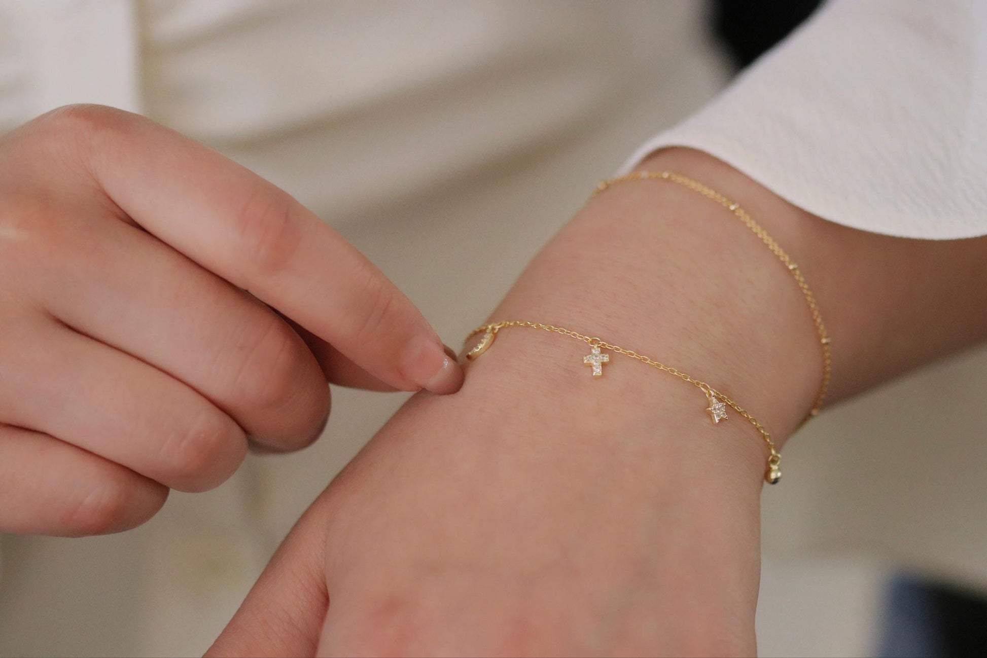 Sterling Silver or Gold Moon & Star Charm Bracelet, Dainty Celestial Bracelet, Birthday Gift