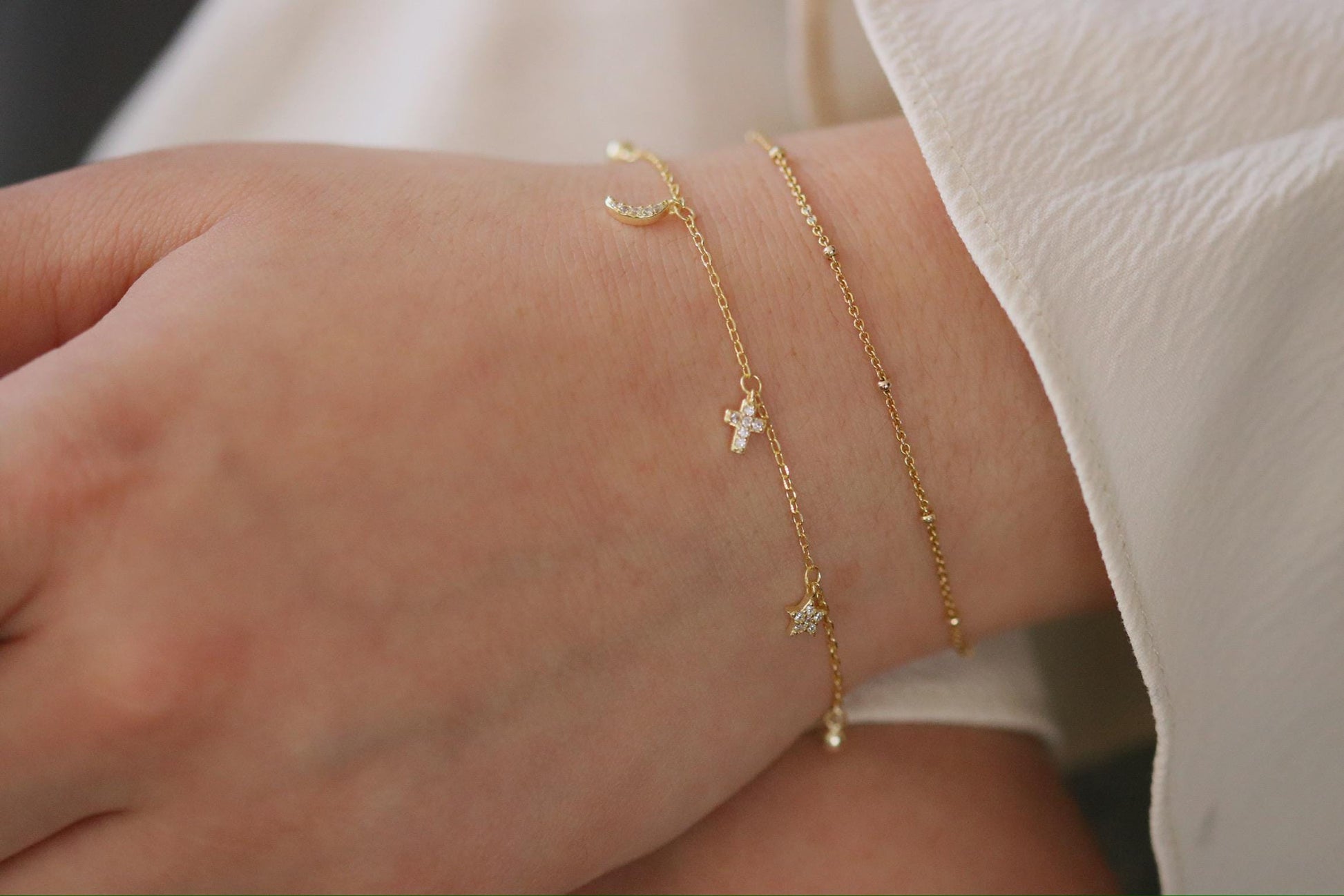 Sterling Silver Moon & Star Charm Bracelet, Gold Dainty Celestial Bracelet, Birthday Gift for Her