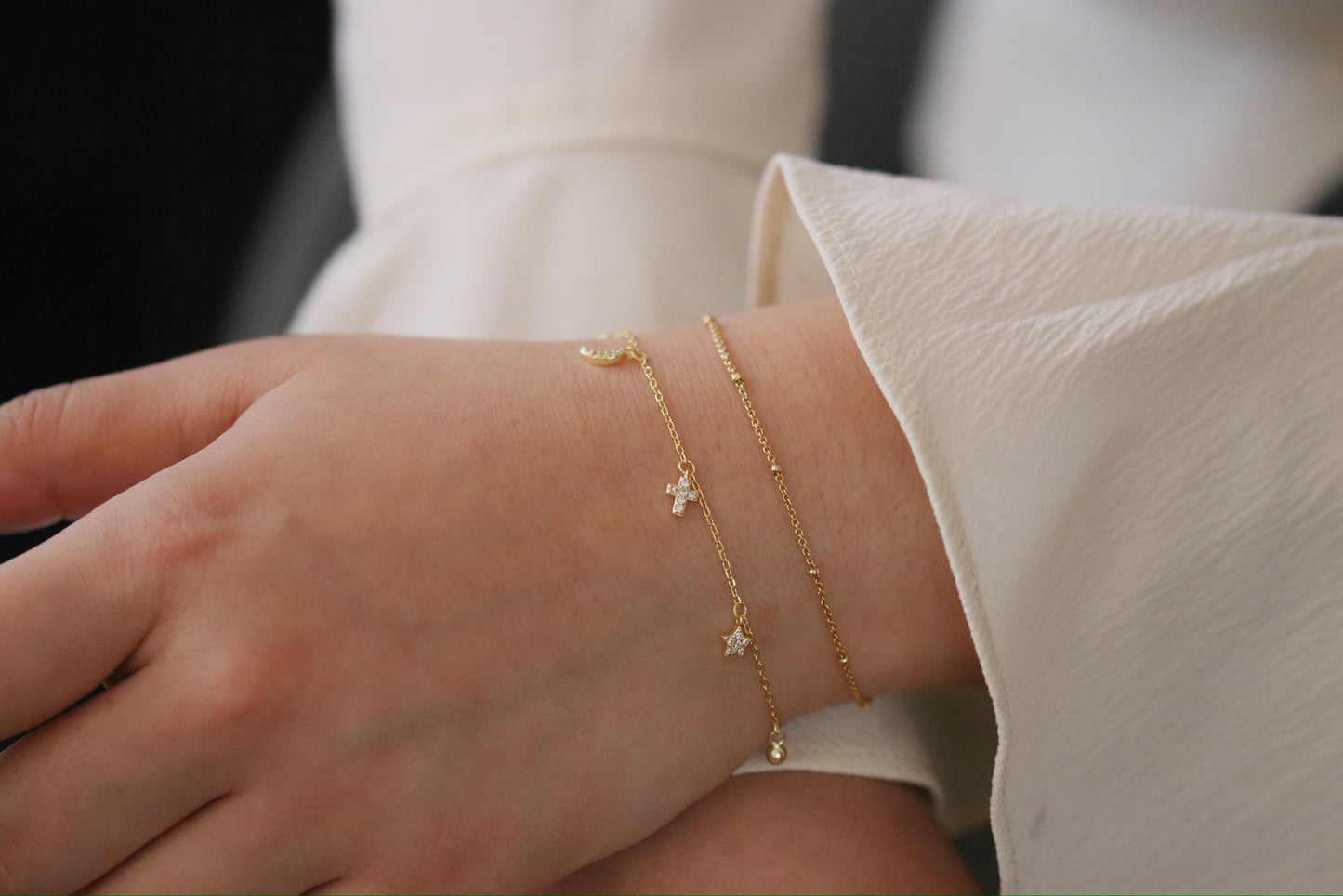 Sterling Silver or Gold Moon & Star Charm Bracelet, Dainty Celestial Bracelet, Birthday Gift