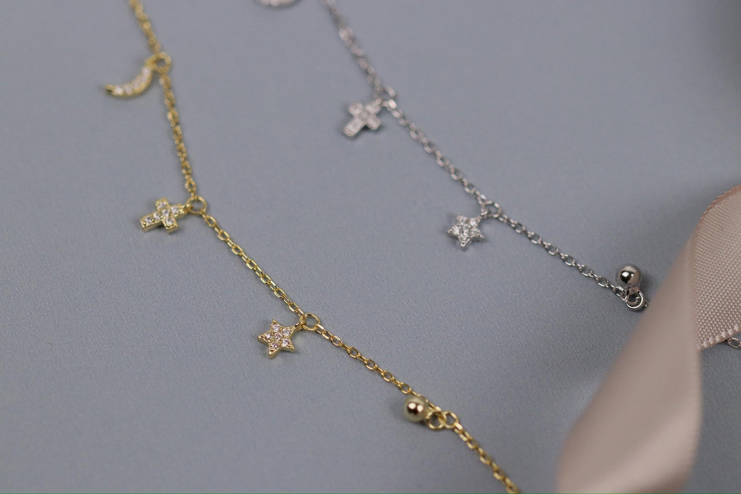 Sterling Silver Moon & Star Charm Bracelet, Gold Dainty Celestial Bracelet, Birthday Gift for Her