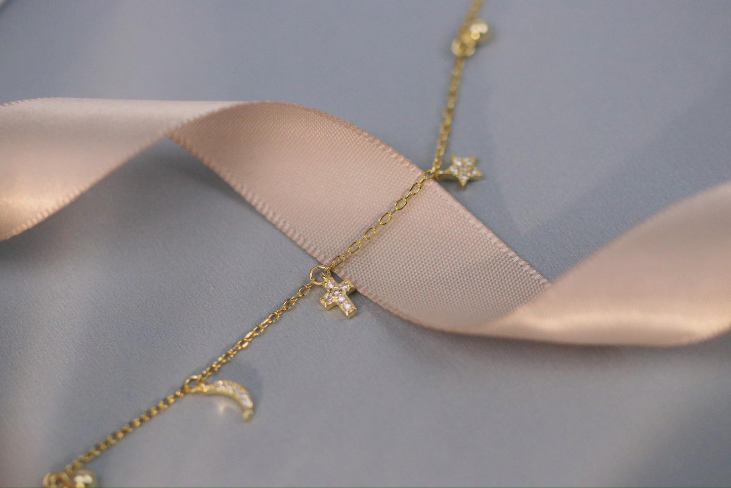 Sterling Silver or Gold Moon & Star Charm Bracelet, Dainty Celestial Bracelet, Birthday Gift