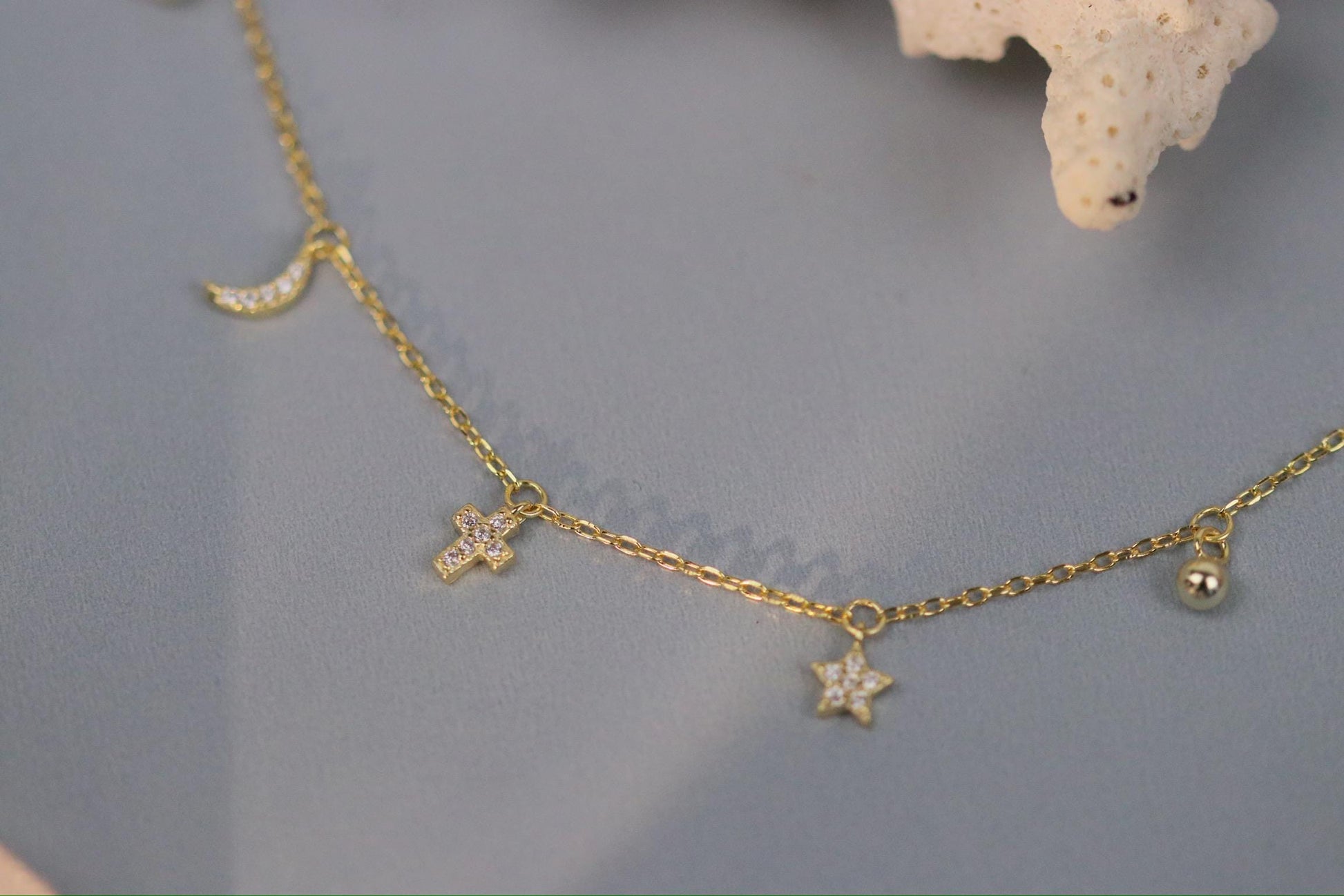 Sterling Silver or Gold Moon & Star Charm Bracelet, Dainty Celestial Bracelet, Birthday Gift