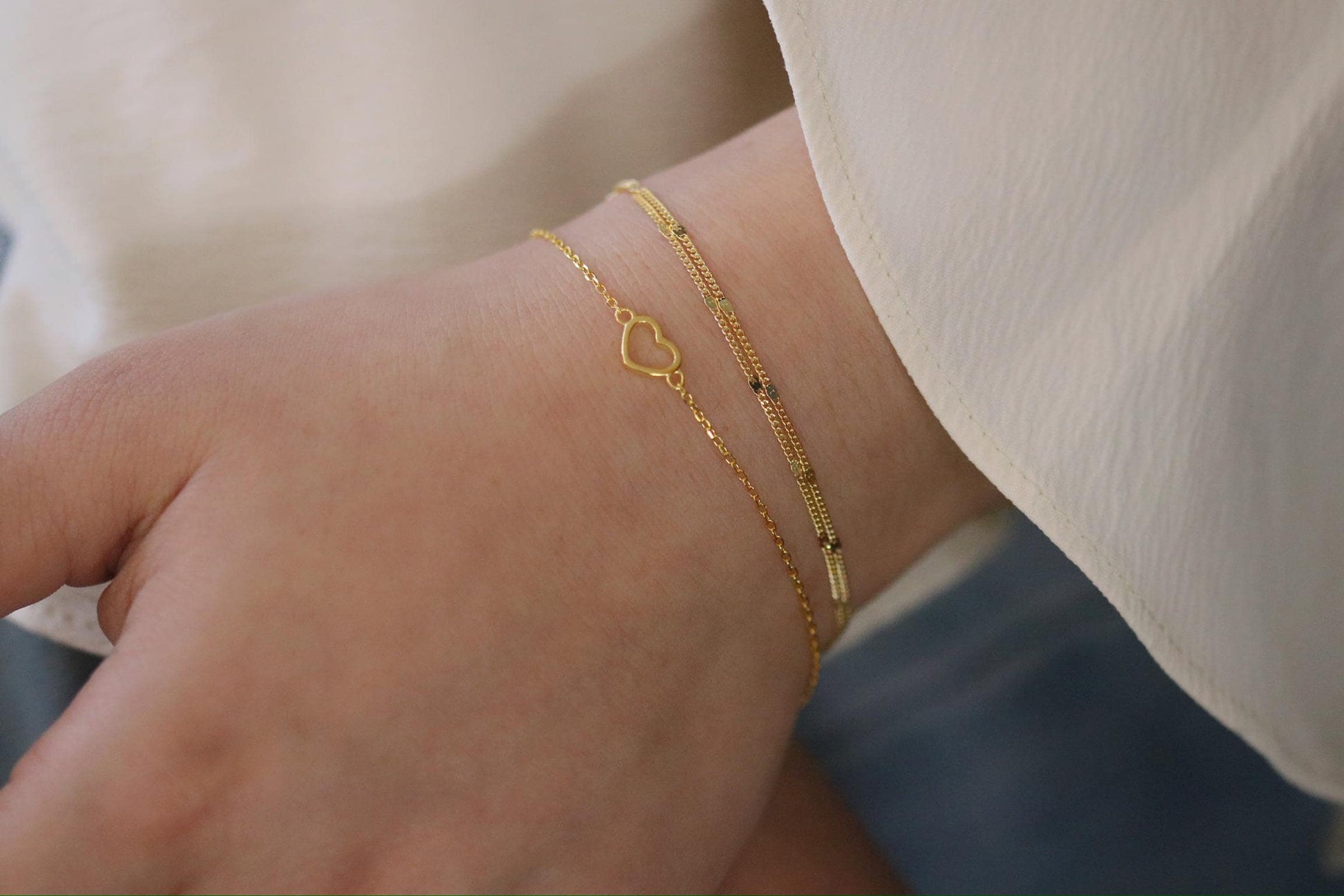 Sterling Silver Open Heart Bracelet, Gold Dainty Minimalist Heart Chain, Christmas Gift for Her